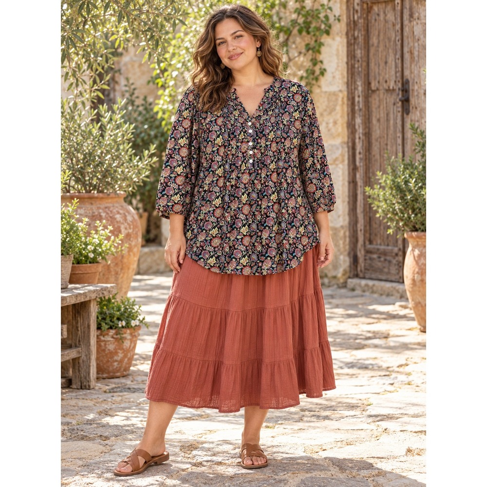 Rose + Olive Floral Pintuck Blouse Womens 2X Black Multi Boho Pleated Tunic